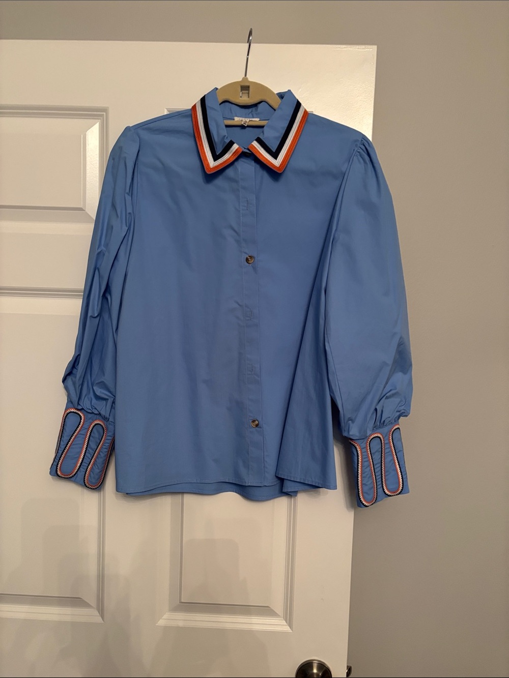 JODIFL Blue Button-Up Blouse with Striped Collar and Cuff Detail